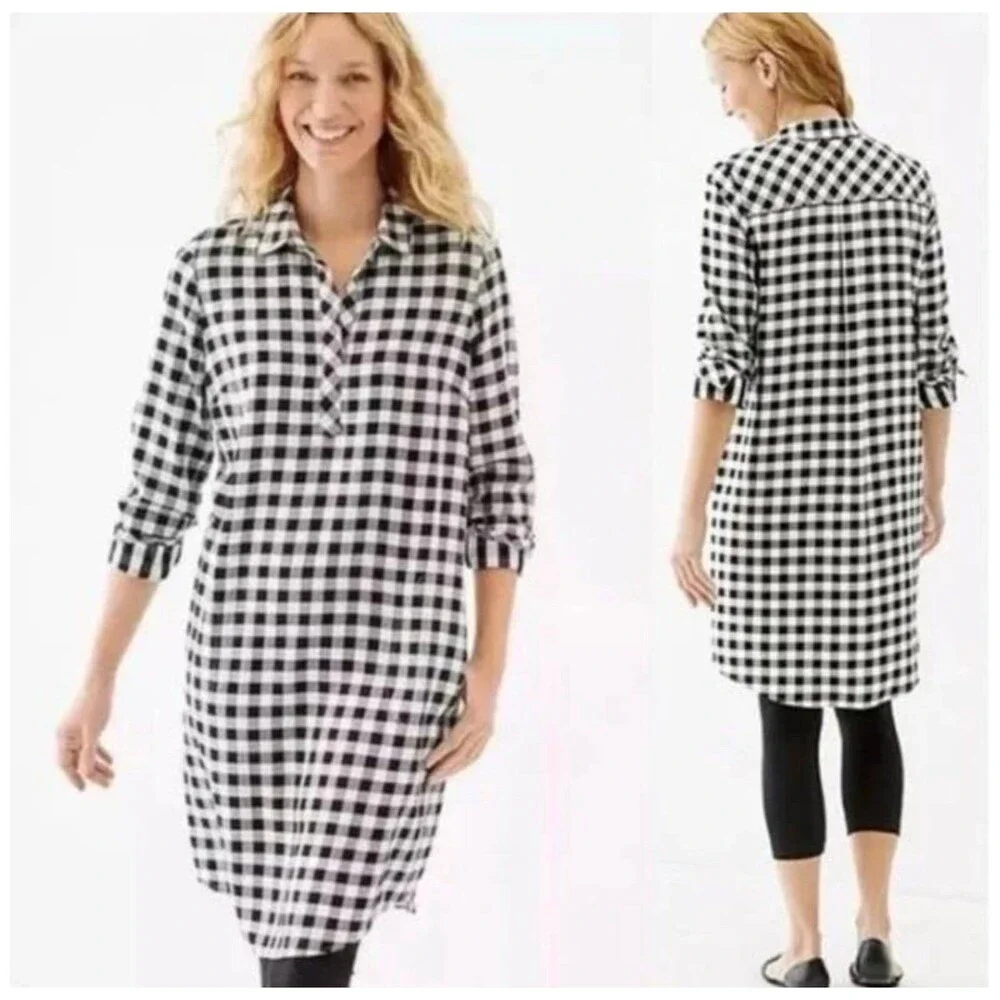 J. Jill Gingham Buffalo Plaid Checkered Tunic Rolled Sleeves Shirt Dress S Tall